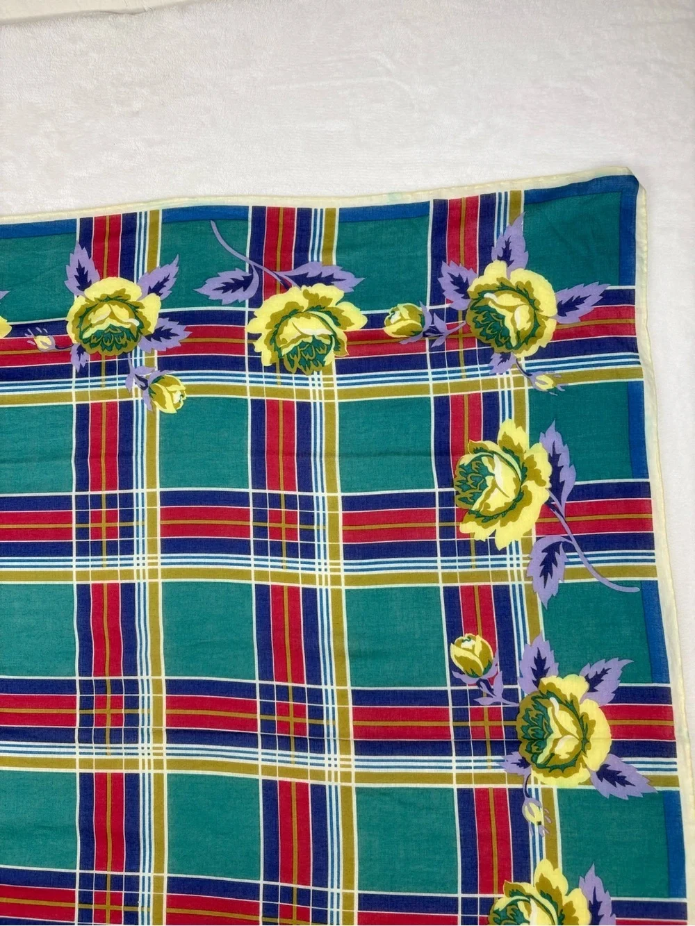 Vintage Kenzo Tokyo Cotton Scarf Plaid Teal Yellow Floral 28” Japan